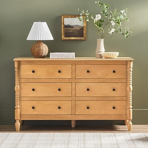 WALKER EDISON EZ Assembly™ Premium Traditional Solid Wood 6-Drawer Dresser, Vintage Chest of Drawers, Spindle Dresser, Quick Assembly Furniture, 54 Inch, Natural