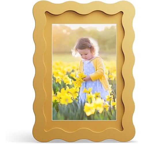 4x6 Picture Frame with Mat for 3.5x5, Wavy Edge Wooden Real Glass Photo Frame for Tabletop and Wall Hanging, Yellow, 1 Pack