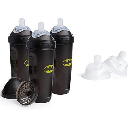 Batman DC Comics - Herobility Double Anti-Colic Baby Bottle – 12 fl oz /340ml with Large Size Teats - Bundle