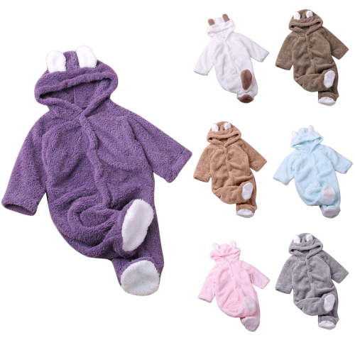 Bovxnpu Fall Winter Newborn Bodysuit, Infant Rompers, Children's Solid Color Crawling Suit With Round Neck Long Sleeved Hooded Foot Wrapped Jumpsuit