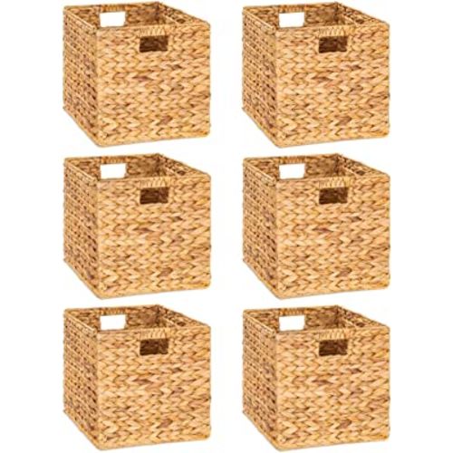 12 x 12in Water Hyacinth Storage Baskets, Wicker Storage Baskets for Shelves, Woven Baskets for Storage, Wicker Storage Basket for Bedroom, Living Room, Nursery Room (Natural 6 Packs 12x12in)