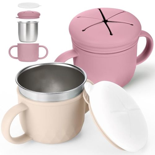 Mity rain 2-Pack Stainless Steel Snack Containers, 4-in-1 Spill proof Snack Cups With Silicone Lid and Handle, Dishwasher Safe Travel Snack Containers for Kids and Infants ((Pink + Yellow)