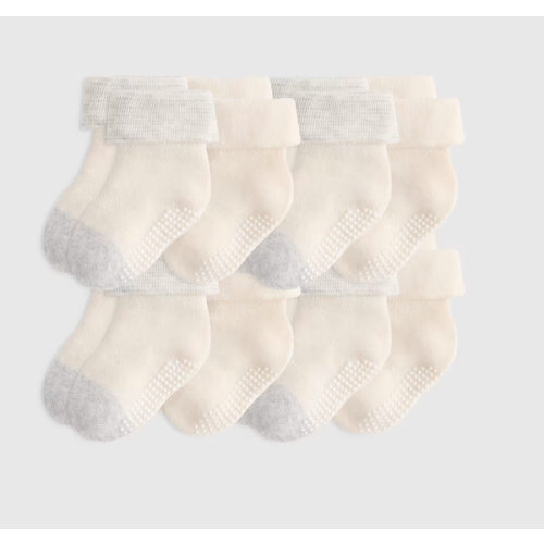 Organic Cotton Gripper Fold Over Socks 8-Pack - Baby in White/Grey