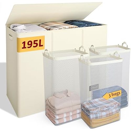 195L Laundry Hamper 3 Section,Large Laundry Hamper with Lid,Dirty Clothes Hamper with 3 Inner Bags,Collapsible Laundry Basket Organizer for Laundry Room,Bedroom,Laundry Sorter Hamper 3 Compartment