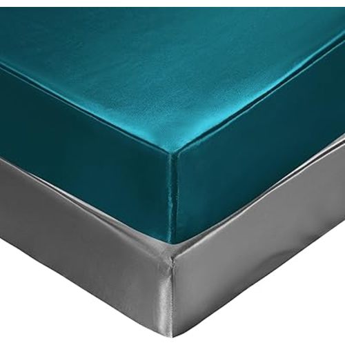 SiinvdaBZX 2 Pcs Satin Mini Crib Sheets 38 x 24In, Silky Soft Mini Portable Crib Sheets Mattress Cover Portable Playard Sheets with 5In Deep Pocket, Great for Baby Hair (Teal & Grey)