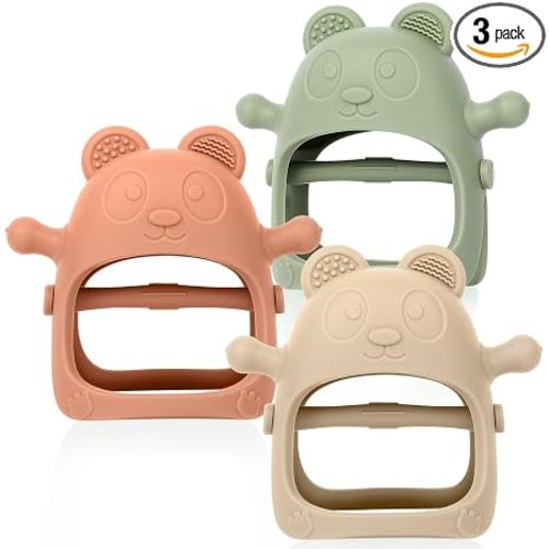 Eascrozn 3 Pack Baby Teething Toys 3 Months+, BPA Free | Silicone Teething Mitten for Babies Anti Drop Wrist Hand Teether, Baby Chew Toys for Sucking Needs