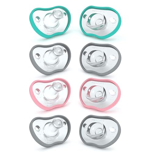 Nanobebe Baby Pacifiers 0-3 Month - Orthodontic, Curves Comfortably with Face Contour, Award Winning for Breastfeeding Babies, 100% Silicone, Baby Registry Gift 8pk, Teal/Grey/Pink/Grey