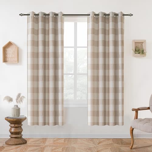 DriftAway Buffalo Plaid Blackout Curtains Grommet 2 Panels W52 x L63, Taupe | Blackout, Gingham Checker Pattern, for Bedroom Living Room Nursury, Thermal Insulated, Linen Texture, Thermal Insulated Drape