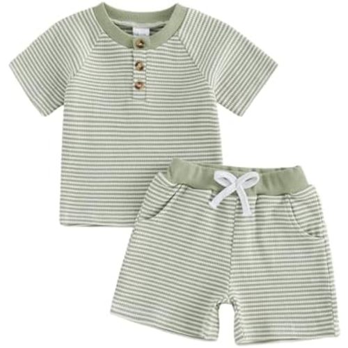 MERSARIPHY Toddler Baby Boy Clothes 6 12 18 Months 2T 3T Summer Outfit Waffle Knitted Stripe Casual T-shirt Tops Shorts Sets