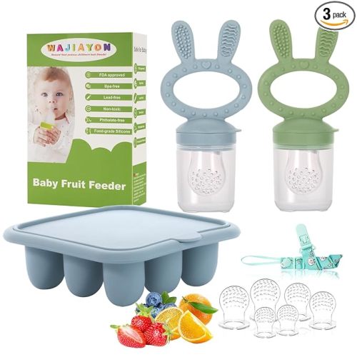 WAJIAYON Baby Breastmilk Popsicle Molds & Babies Fruit Feeder (3 Pack), Infant Food Freezer Tray Storage Containers, Silicone Teething Pacifier Feeder and Teether for Babies,Baby Feeders - Blue