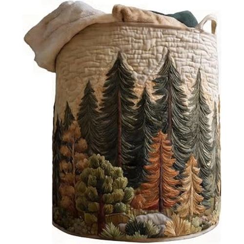Quilted Laundry Basket Boho Fabric Floral Storage Hamper for Nursery Bedroom Laundry Room Clothes Toys (Forest)