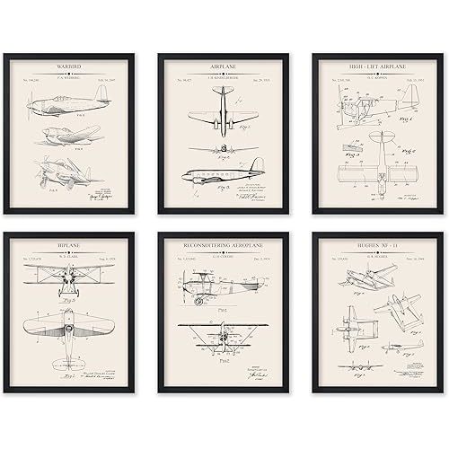 Monem Art 6-Piece Vintage Aviation Blueprint Print - Airplane Patent Poster - Aircraft Art - Technical Drawing Wall Design - Great Office or Living Room Decor - 8x10 UNFRAMED Wall Art