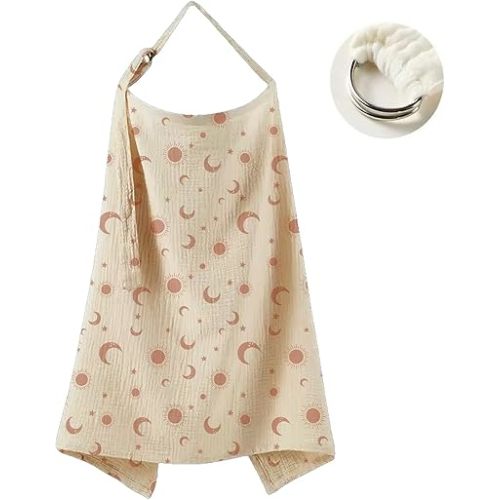 Muslin Nursing Cover for Breastfeeding Moms - 100% Cotton Lightweight & Breathable Privacy Shawl with Adjustable Rigid Hoop | Multi-use Apron (Sun,Moon&Stars)