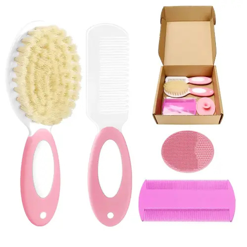 Baby Hair Brush and Comb Set, 4Pcs Baby Soft Bristles Brush Cradle Cap Brush Hair Comb for Newborns Toddlers Boys Girls (Pink)