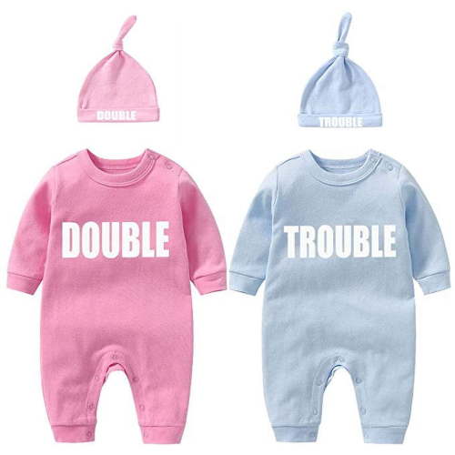 YSCULBUTOL Twins Bodysuits Funny Double Trouble Pack of 2 Twins Set with hat 10-12Months