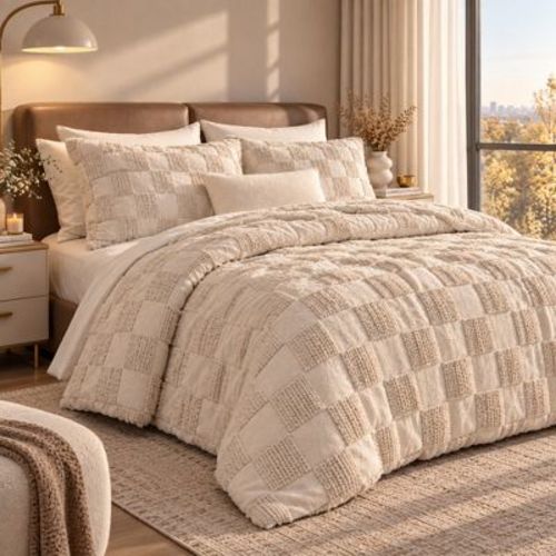3 Pieces Bedsure Full Size Comforter Set Beige Tufted Checkboard Boho Tufted Checkered Farmhouse Shabby Chic Bedding Valentine gift OEKOTEX Certified