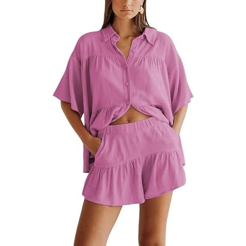 Qiaomai Womens 2 Piece Outfits Summer Ruffled Shirt and High Waist Shorts Matching Set