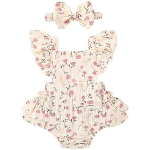 Happy Town Baby Girl Clothes Toddler Summer Linen Romper Sleeveless Ruffle Outfits Infant Girls Jumpsuit with Headband