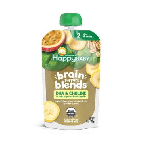 Happy Baby Brain Support Blends Organic Bananas, Passion Fruit, Spinach & Oats Baby Food Pouch with DHA & Choline - 4oz: 6 Months Up