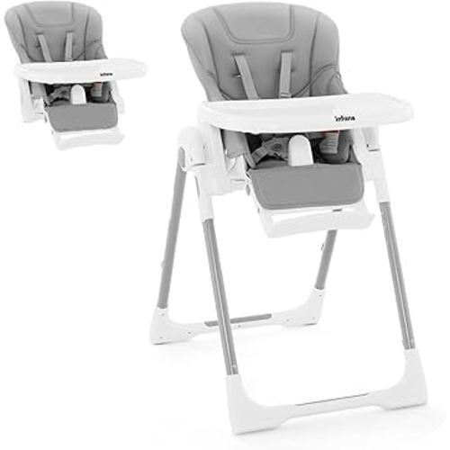 INFANS High Chair for Babies & Toddlers, Foldable Highchair with Multiple Adjustable Backrest Footrest Seat Height, Removable Tray, Detachable PU Leather Cushion Wheels (with Booster, Light Grey)