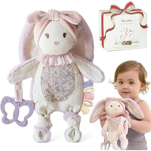 Moonkie Baby Lovey with Silicone Teether, Bunny Security Blanket with Textured Ribbons, Crinkle Toys, Soft Minky Velour & Natural Cotton, Newborn Girl Gift for Baby Shower or Birthday