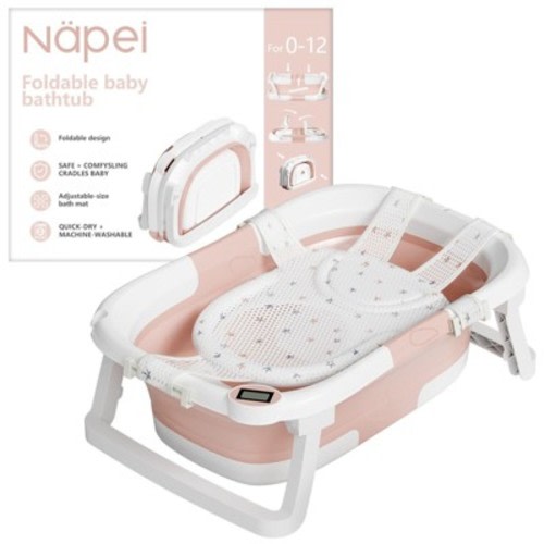 Napei Collapsible Baby Bathtub for Infants and Toddlers with Bath Net and Thermometer-Pink