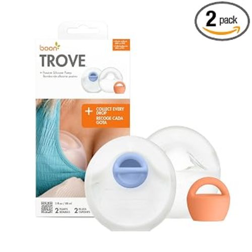 Boon Trove Silicone Manual Breast Pump - Discreet Milk Collector - 2 Count | Hands Free Breast Pump, Includes Canvas Travel Pouch, Breastfeeding Essentials, Passive Suction, Collects Up To 3 Ounces