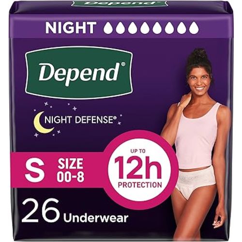 Depend Night Defense Adult Diapers, Incontinence & Postpartum Bladder Leak Underwear for Women, Disposable, Overnight, Small, Blush, 26 Count, Packaging May Vary
