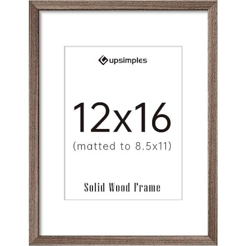 upsimples 12x16 Picture Frame, Natural Solid Wood Picture Frames, Display 8.5x11 with Mat or 12 x 16 Without, Vertical & Horizontal Wall Hanging, 1 Pack, Brown