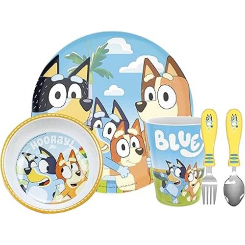 Zak Designs 5-Piece Dinnerware Set, Bluey - Durable Plastic & Stainless Steel - Includes Tumbler, 8-Inch Plate, 6-Inch Bowl, Fork & Spoon - Suitable for Kids Ages 3+
