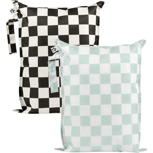 Tiny Twinkle Mess Proof Wet Bags | 2-Pack Reusable Waterproof Wet Bags for Swimsuits | Baby Clothes | Travel & Diaper Bag (Black, Green Checkers)
