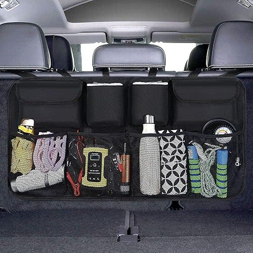 Car Boot Organiser Waterproof Kick Mats Car Organiser Seat Back Protectors, Multi-Pocket Children's Travel Storage, Durable Foldable Cargo Net Storage for Car Backseat Cover