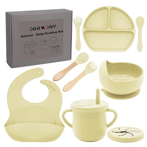 Dormlony 100% Silicone baby feeding set,BPA free Baby dishes set with Suction Bowl Divided Plate,Toddler Self Feeding Dish Set with Spoons Forks Sippy Cup And Bib, Baby Eating Utensils (Yellow)