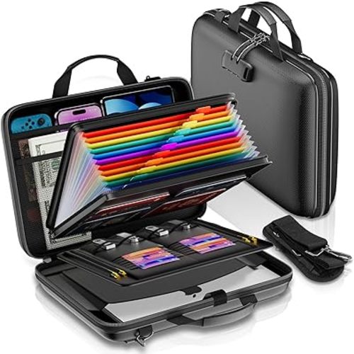 Fireproof Document Organizer with Lock,Hard-Shell Case Fireproof Document Box with Shoulder Strap,Portable File Organizer with 13 Pocket Accordion File Folder for Files Laptop Black