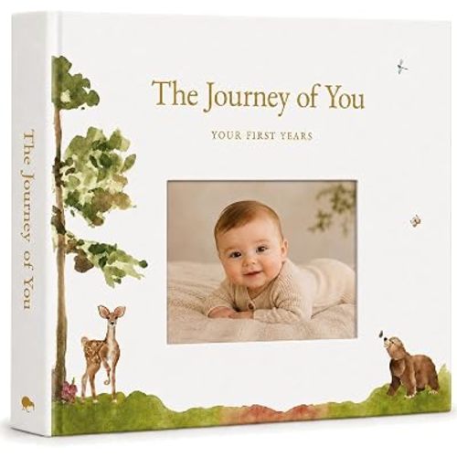Personalized Baby Memory Book with Photo Cover, 5-Year Milestone Journal, Gender Neutral Keepsake Album, Flat-Lay Pages, FSC Archival Paper, Keepsake Box and Envelope, 108 Pages, Woodland Scrapbook