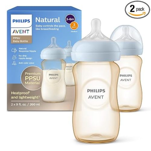 Philips Avent Natural PPSU Baby Bottles, Medium Flow, 9 oz, BPA-Free | Baby-Controlled Flow, No-Drip Design, Reduces Colic and Gas with Anti-Colic Valve, Amber-Golden, 2-Pack, SCY943/12