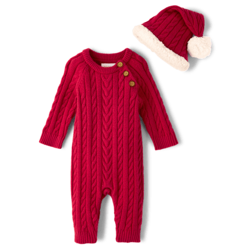 Baby Cable Knit Romper 2-Piece Outfit Set - Red