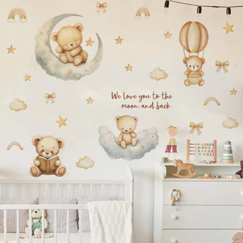 Sweet Nursery Dreams Wall Decal Stickers - Neutral Rustic Bears on Clouds with Book