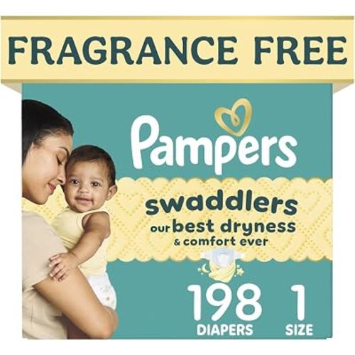 Pampers Swaddlers Diapers, Size 1 (8-14 lbs), 198 Count, Fragrance Free, Hypoallergenic, Absorbent, Pediatrician Recommended, Skin Safe