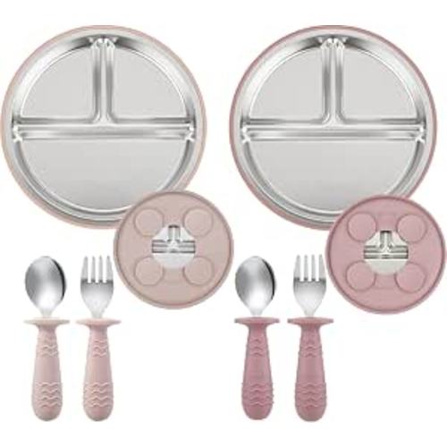 PandaEar 2 Pack Stainless Steel Baby Suction Plates & 2 Pack Spoons and Forks Set, Toddler Utensils Baby Feeding Set, Divided Plates for Baby Led Weaning Supplies, BPA-Free (Pink)
