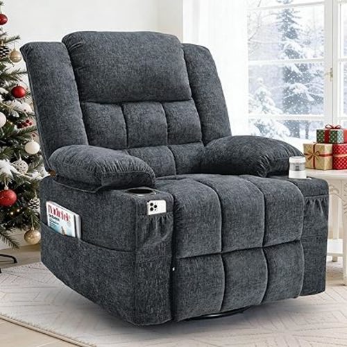 360° Swivel Rocker Recliner for Adults, Nursery Glider Recliner with Massage and Heating, Rocking Chair with Cup Holder, Manual Recliner Chair for Living Room, Bedroom (Fabric, Dark Gray)
