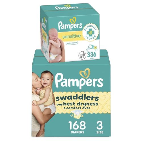 Diapers Size 3, 168 Count and Baby Wipes - Pampers Swaddlers Disposable Baby Diapers and Water Baby Wipes Sensitive Pop-Top Packs, 336 Count (Packaging May Vary)