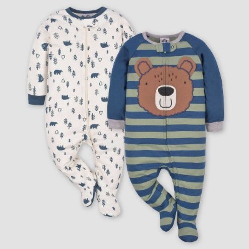 Gerber Baby Boys' 2pk Zip-front Bear Sleep N' Play - White/forest Green/navy Blue 0-3m