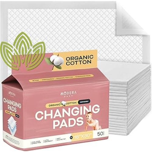 Organic Cotton Disposable Changing Pad Liners | XL-Large (30x18) Hypoallergenic Super Soft Ultra Absorbent & Waterproof Quilted Underpads for Baby Diaper Table & Travel, Leak Proof, Mess Free, 50-Pack