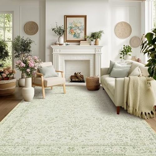 Sage Green Rug 8x10 Boho Floral Print Washable Area Rugs for Living Room