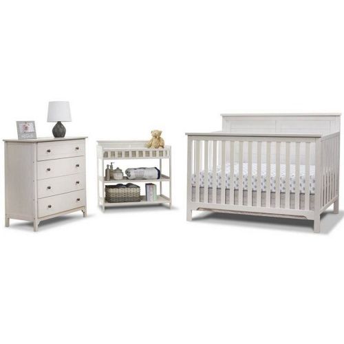 Sorelle Furniture Nursery Wood Baby Bed, Dresser & Bedroom Set - Farmhouse Room in a Box, Weathered White