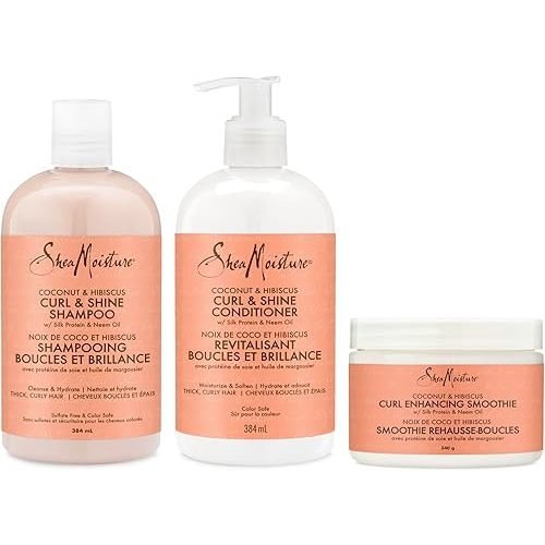 Shea Moisture Coconut & Hibiscus Shampoo, Conditioner & Curl Enhancing Smoothie To Cleanse & Restore Shine Hair Care Pack Formulated Without Sulfates, Silicones, Parabens, Phthalates, Mineral Oil or Petrolatum 3 Pack