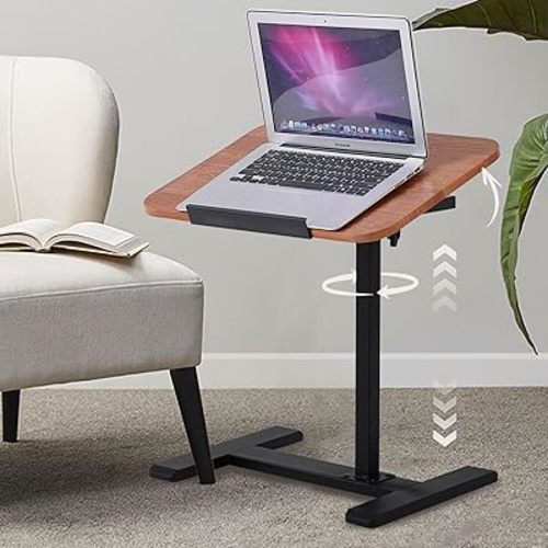 Solid Wood C-Shaped Side Table-360° Rotating&Height-Adjustable Rolling Laptop Desk,Sliding Sofa Table,Multi-Purpose TV Tray for Living Room/Bedroom(Fits Sofa,Bed,Chair)-Brown