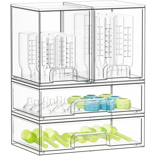 SpaceAid Bottle Storage Organizer Baby - Acrylic Bottles Station Organizer Container, Stackable Clear Drawers for Countertop, Vanity, Bathroom, Cabinet, Pantry Organization, 4 Pack, 2M2L, 14.4" H