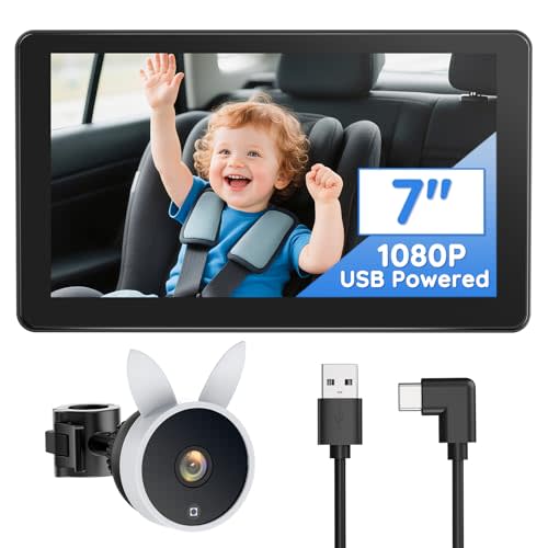 Babyvue BV4 7" Baby Car Camera, IPS 1080P HD Display with AUTO IR Night Vision, USB Powered Plug & Play Backseat Camera for Baby, Adjustable Brightness, Must Haves for New Parents & Pets Lover